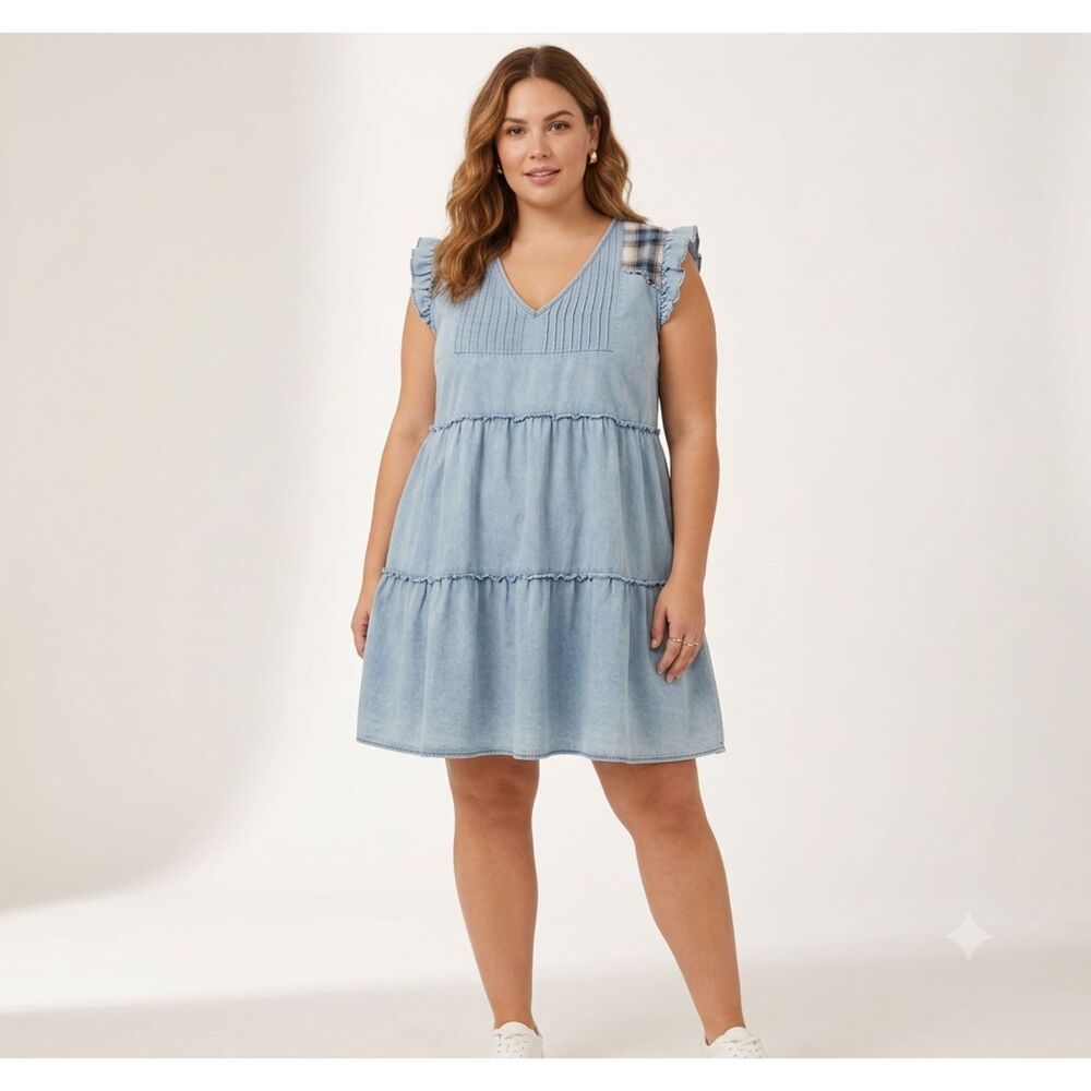 POL Boho Denim Tiered Dress Plus Size Plaid Ruffle Sleeve Cottagecore